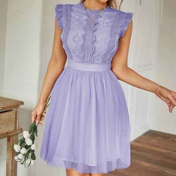 Boho purple lace insert mesh ruffle hem mini dress - Picture 3 of 4